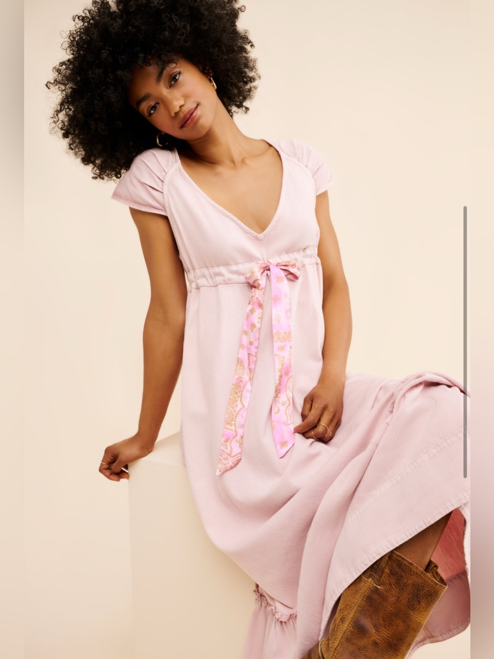 Free People Roucha Pink V-Neck Maxi Dress with Tie Detail - Picture 4 of 9